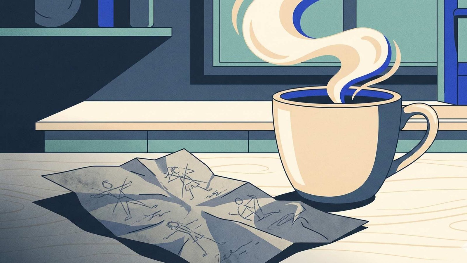 Crumpled exercise handout next to coffee mug