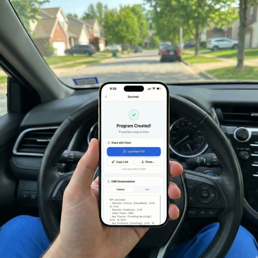 Physical therapist using SendHEP on phone between home health visits